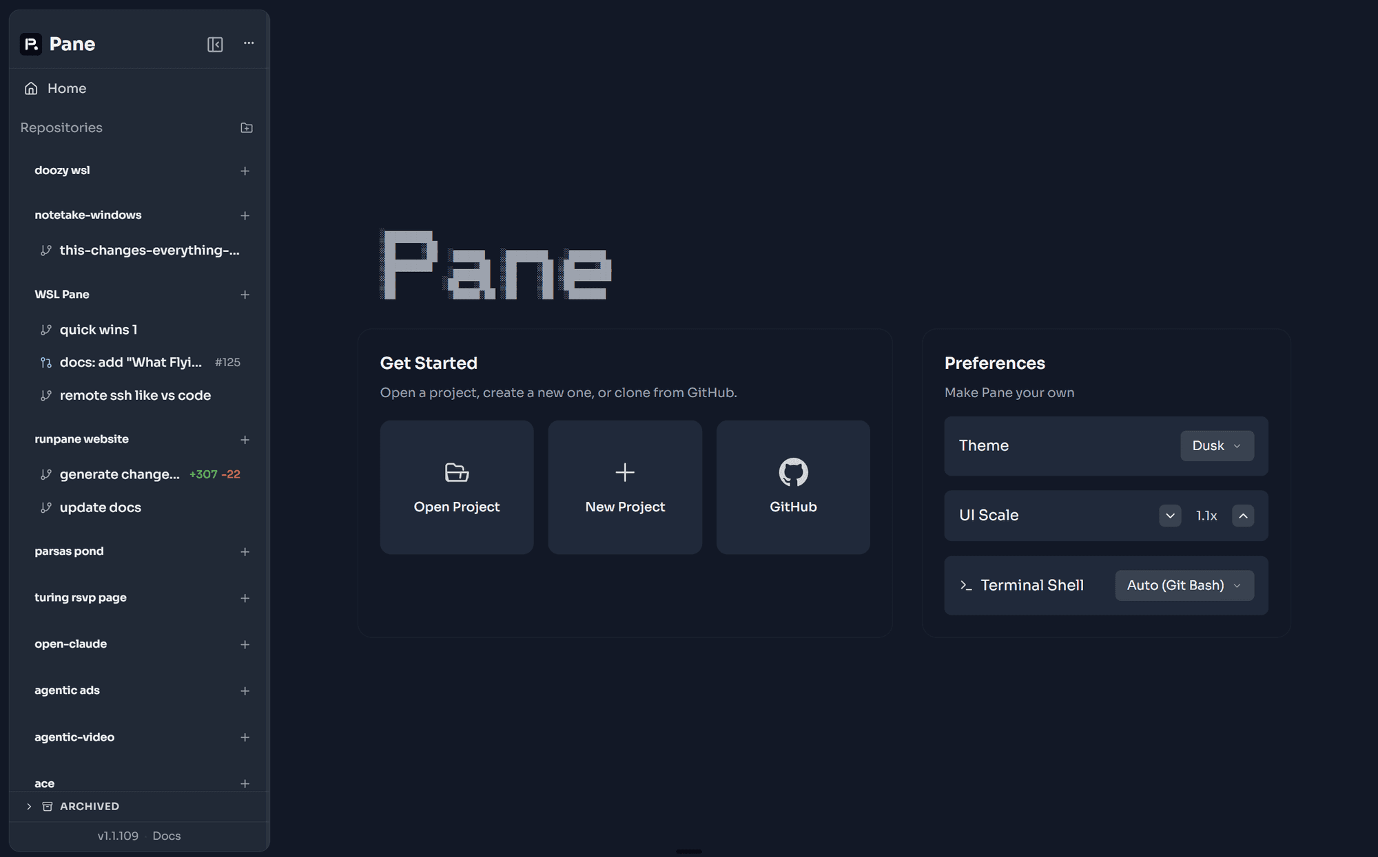 Pane - dusk theme home