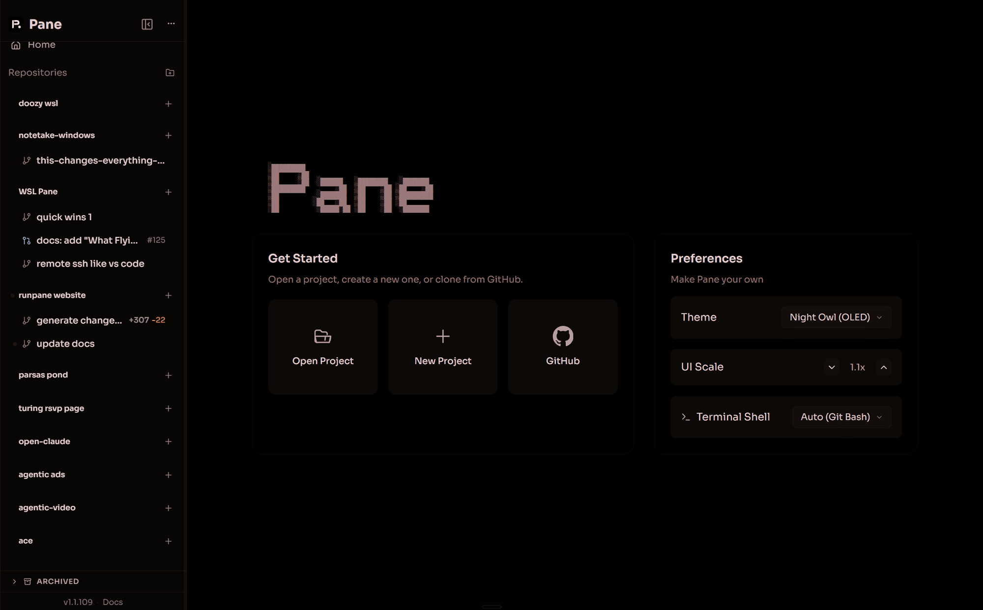 Pane - night owl theme home